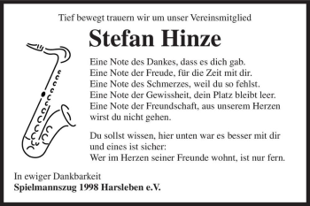 Traueranzeige von Stefan Hinze  von Magdeburger Volksstimme