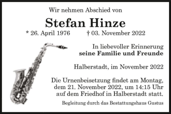 Traueranzeige von Stefan Hinze  von Magdeburger Volksstimme