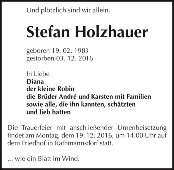 Traueranzeige von Stefan Holzhauer  von Magdeburger Volksstimme