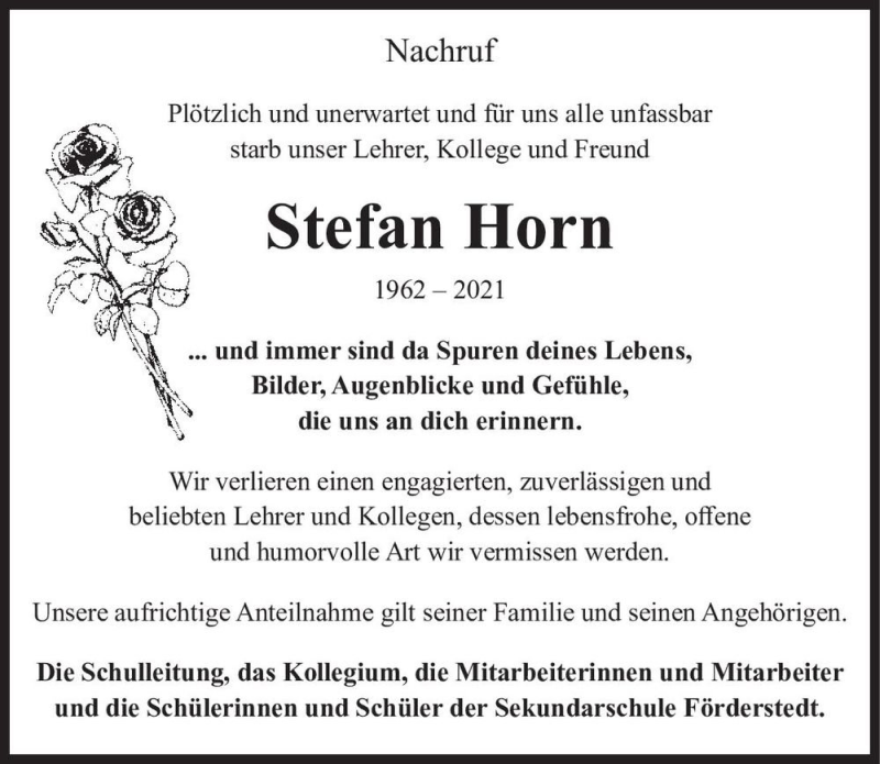  Traueranzeige für Stefan Horn  vom 18.09.2021 aus Magdeburger Volksstimme