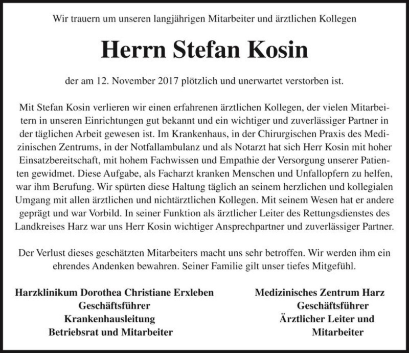  Traueranzeige für Stefan Kosin  vom 22.11.2017 aus Magdeburger Volksstimme