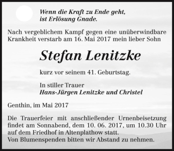 Traueranzeige von Stefan Lenitzke  von Magdeburger Volksstimme