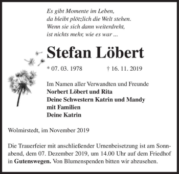 Traueranzeige von Stefan Löbert  von Magdeburger Volksstimme