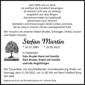 Traueranzeige von Stefan Martin  von Magdeburger Volksstimme