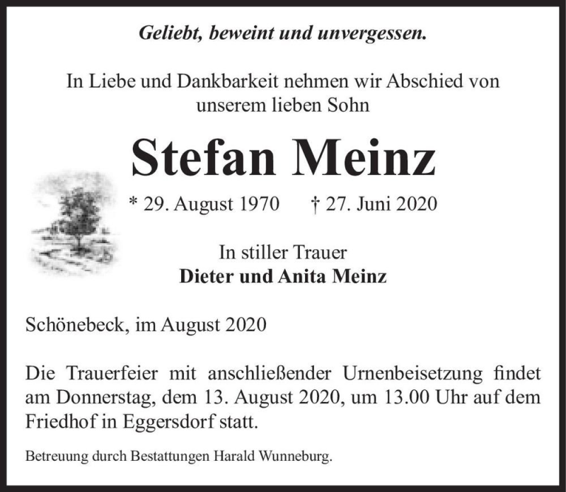  Traueranzeige für Stefan Meinz  vom 08.08.2020 aus Magdeburger Volksstimme