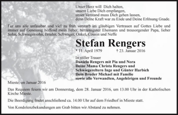 Traueranzeige von Stefan Rengers  von Magdeburger Volksstimme