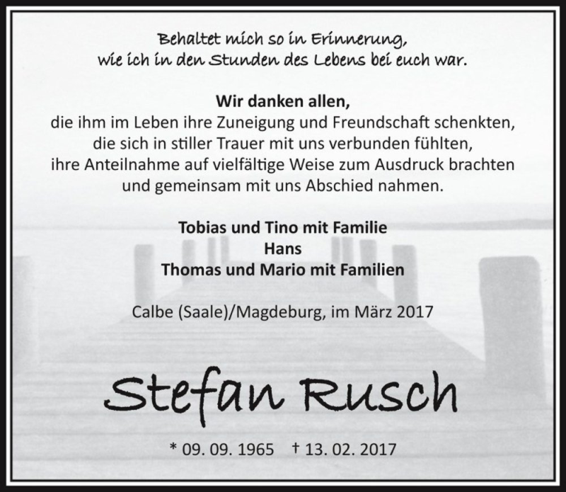  Traueranzeige für Stefan Rusch  vom 11.03.2017 aus Magdeburger Volksstimme