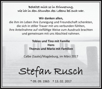 Traueranzeige von Stefan Rusch  von Magdeburger Volksstimme