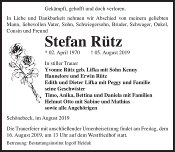 Traueranzeige von Stefan Rütz  von Magdeburger Volksstimme