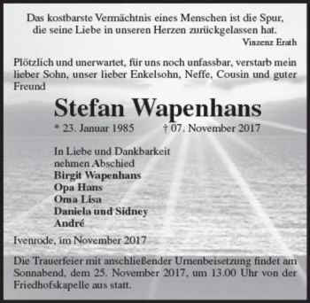 Traueranzeige von Stefan Wapenhans  von Magdeburger Volksstimme