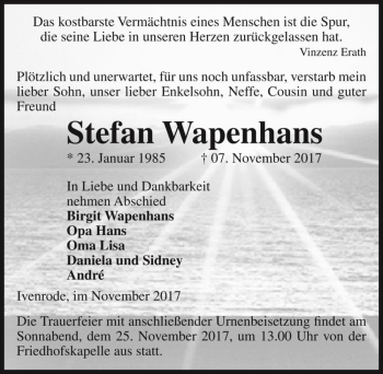 Traueranzeige von Stefan Wapenhans  von Magdeburger Volksstimme