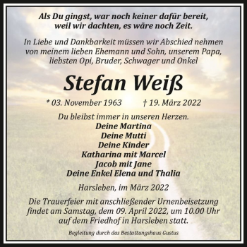 Traueranzeige von Stefan Weiß  von Magdeburger Volksstimme