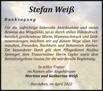 Traueranzeige von Stefan Weiß  von Magdeburger Volksstimme