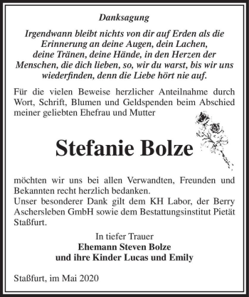 Traueranzeige von Stefanie Bolze  von Magdeburger Volksstimme