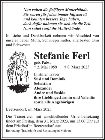Traueranzeige von Stefanie Ferl (geb. Pabst)  von Magdeburger Volksstimme