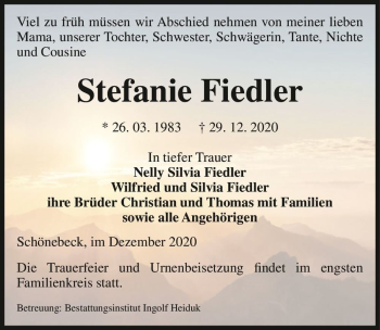 Traueranzeige von Stefanie Fiedler  von Magdeburger Volksstimme
