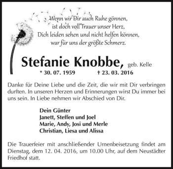 Traueranzeige von Stefanie Knobbe (geb. Kelle)  von Magdeburger Volksstimme