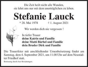 Traueranzeige von Stefanie Lauck  von Magdeburger Volksstimme