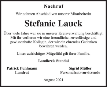 Traueranzeige von Stefanie Lauck  von Magdeburger Volksstimme