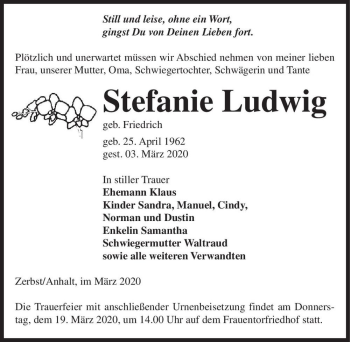 Traueranzeige von Stefanie Ludwig (geb. Friedrich)  von Magdeburger Volksstimme