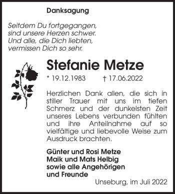 Traueranzeige von Stefanie Metze  von Magdeburger Volksstimme