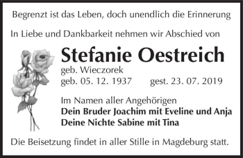 Traueranzeige von Stefanie Oestreich (geb. Wieczorek)  von Magdeburger Volksstimme