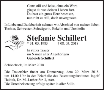 Traueranzeige von Stefanie Schillert  von Magdeburger Volksstimme