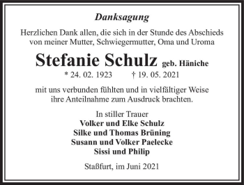 Traueranzeige von Stefanie Schulz (geb. Häniche)  von Magdeburger Volksstimme