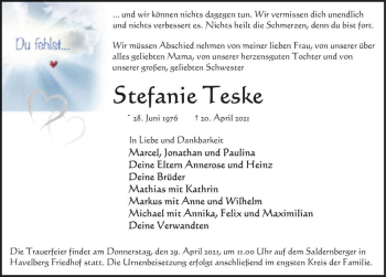 Traueranzeige von Stefanie Teske  von Magdeburger Volksstimme