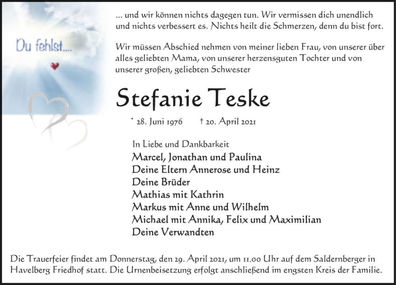  Traueranzeige für Stefanie Teske  vom 24.04.2021 aus Magdeburger Volksstimme