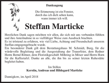 Traueranzeige von Steffan Marticke  von Magdeburger Volksstimme