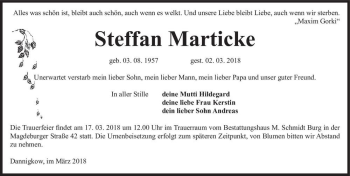 Traueranzeige von Steffan Marticke  von Magdeburger Volksstimme