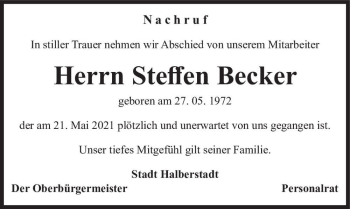 Traueranzeige von Steffen Becker  von Magdeburger Volksstimme