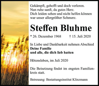 Traueranzeige von Steffen Bluhme  von Magdeburger Volksstimme