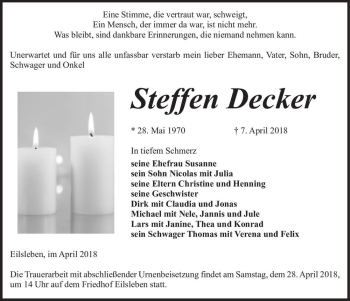 Traueranzeige von Steffen Decker  von Magdeburger Volksstimme