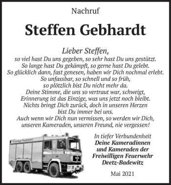 Traueranzeige von Steffen Gebhardt  von Magdeburger Volksstimme