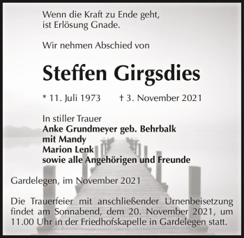 Traueranzeige von Steffen Girgsdies  von Magdeburger Volksstimme