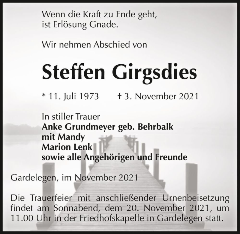  Traueranzeige für Steffen Girgsdies  vom 13.11.2021 aus Magdeburger Volksstimme