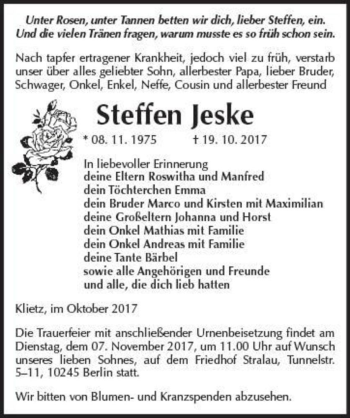 Traueranzeige von Steffen Jeske  von Magdeburger Volksstimme