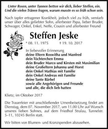 Traueranzeige von Steffen Jeske  von Magdeburger Volksstimme