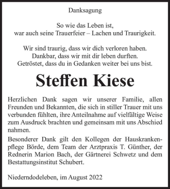 Traueranzeige von Steffen Kiese  von Magdeburger Volksstimme
