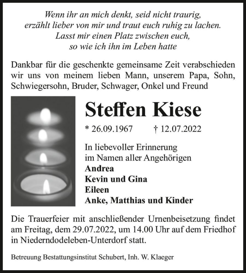  Traueranzeige für Steffen Kiese  vom 23.07.2022 aus Magdeburger Volksstimme