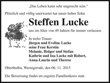 Traueranzeige von Steffen Lucke  von Magdeburger Volksstimme