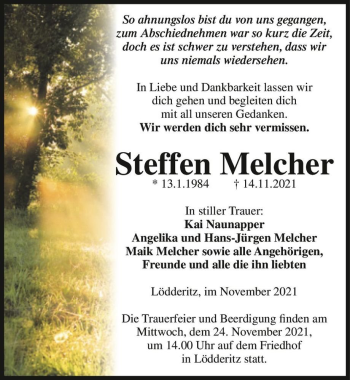 Traueranzeige von Steffen Melcher  von Magdeburger Volksstimme