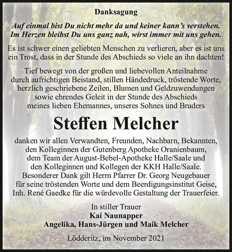  Traueranzeige für Steffen Melcher  vom 04.12.2021 aus Magdeburger Volksstimme