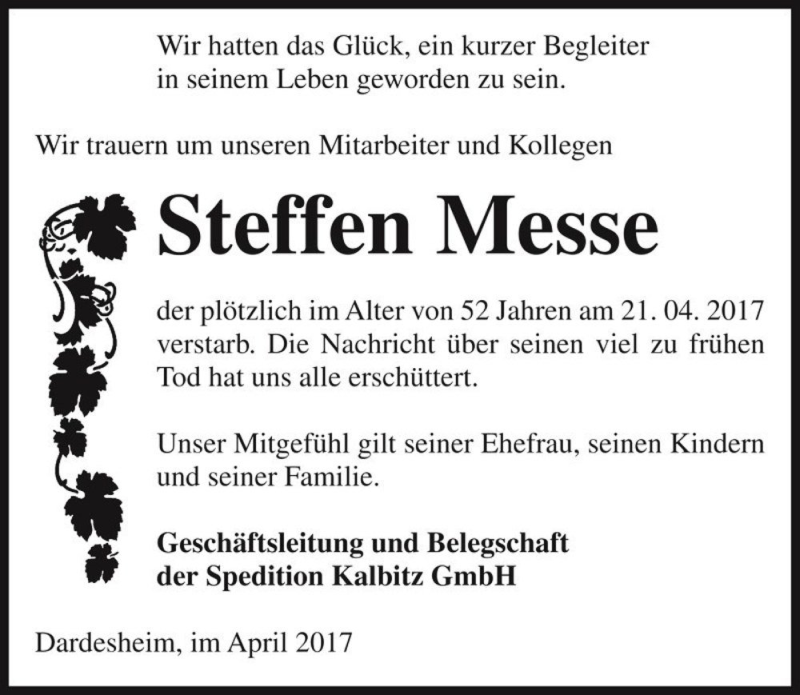  Traueranzeige für Steffen Messe  vom 29.04.2017 aus Magdeburger Volksstimme