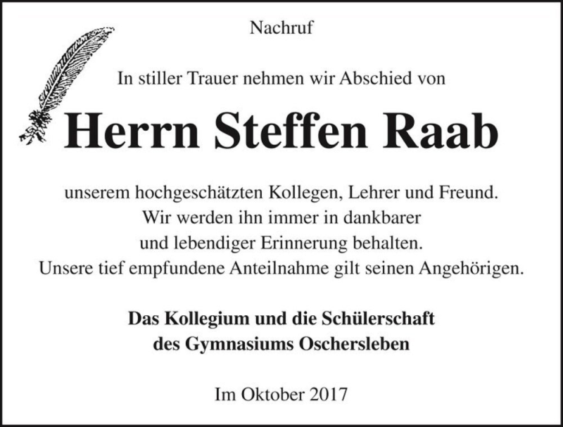  Traueranzeige für Steffen Raab  vom 20.10.2017 aus Magdeburger Volksstimme