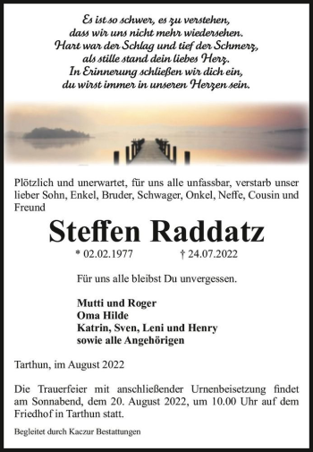 Traueranzeige von Steffen Raddatz  von Magdeburger Volksstimme