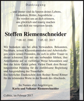 Traueranzeige von Steffen Riemenschneider  von Magdeburger Volksstimme