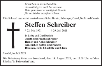 Traueranzeige von Steffen Schreiber  von Magdeburger Volksstimme